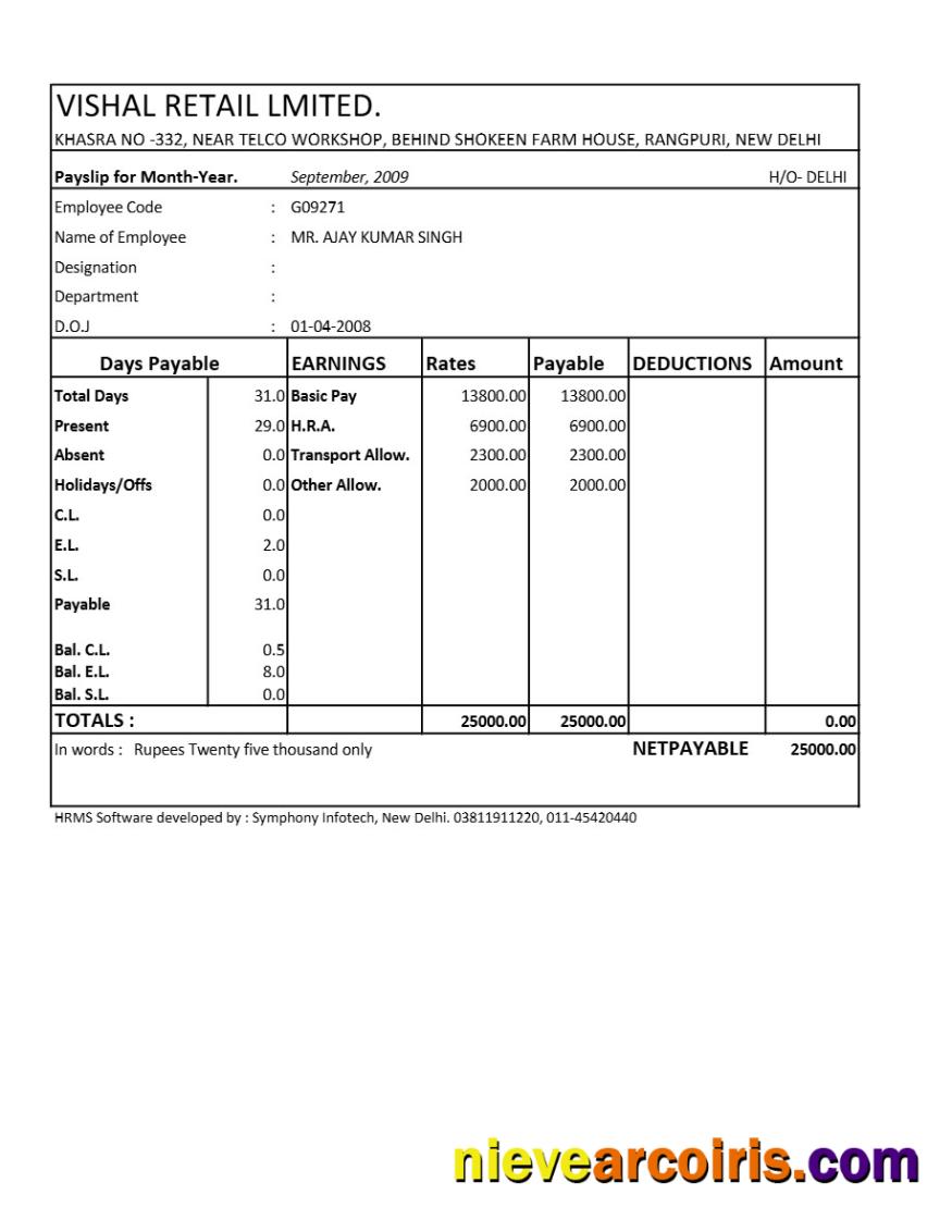 Vishal Retail LTD payslip